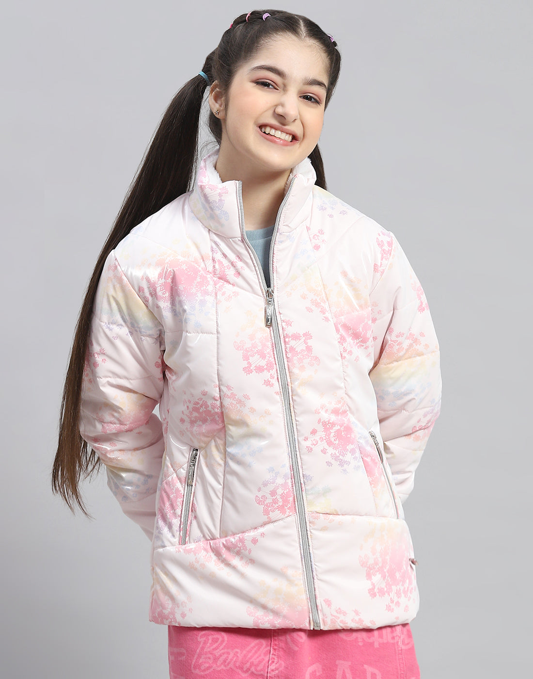 Girls Pink Printed Stand Collar Full Sleeve Girls Jacket