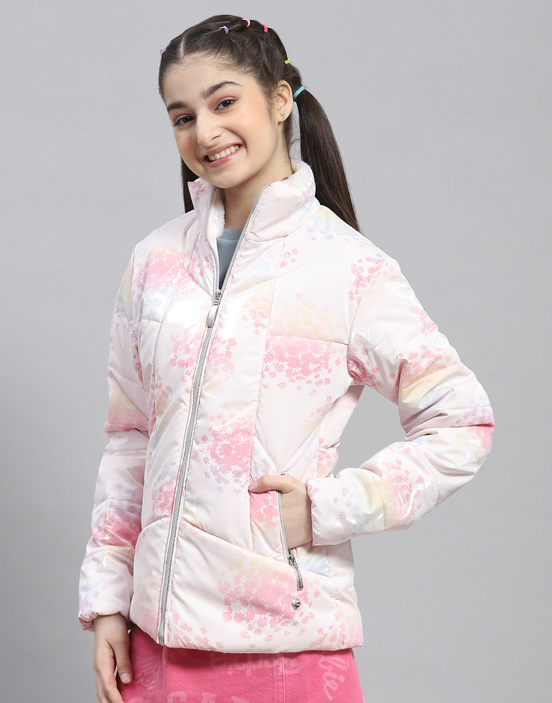 Girls Pink Printed Stand Collar Full Sleeve Girls Jacket