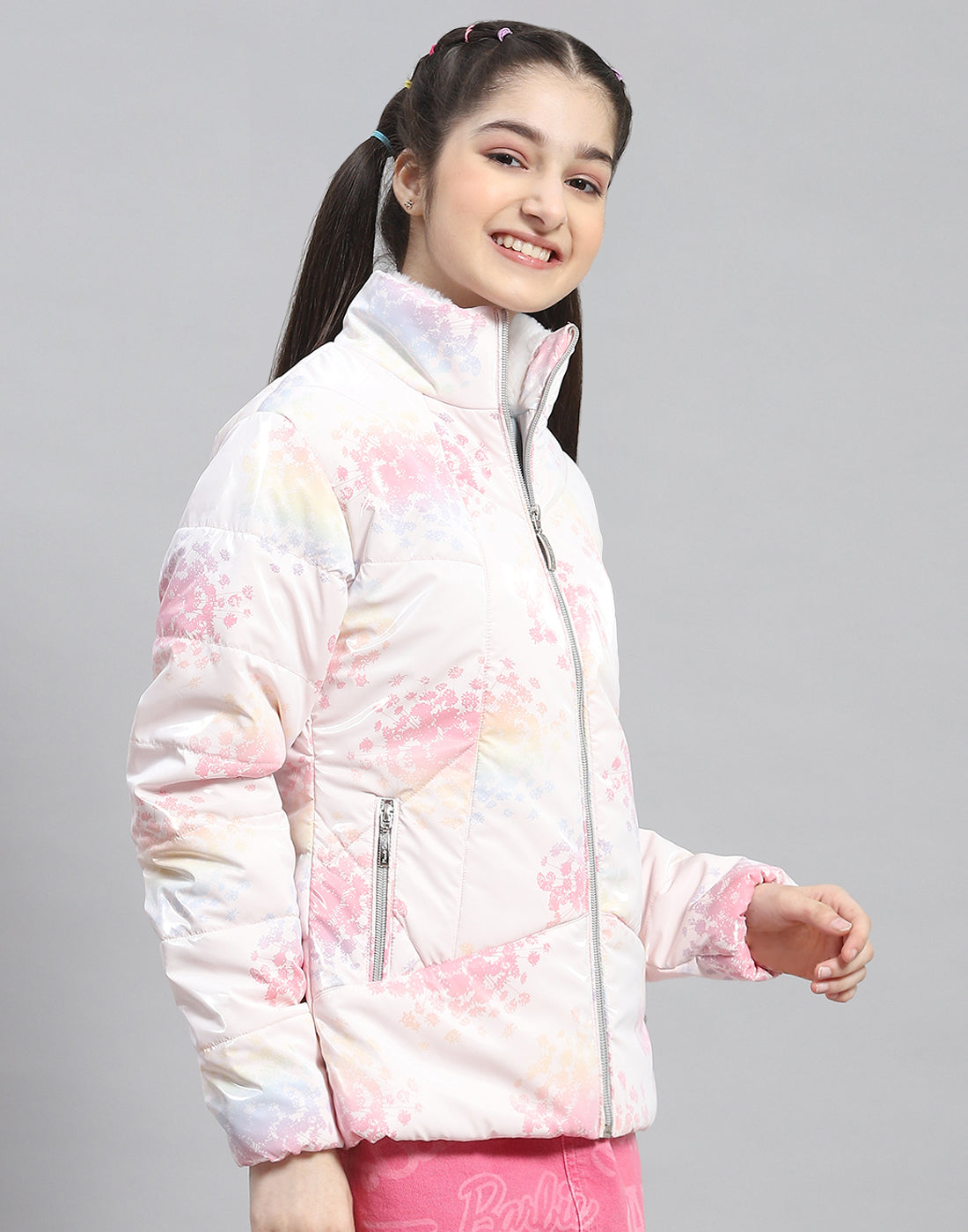Girls Pink Printed Stand Collar Full Sleeve Girls Jacket