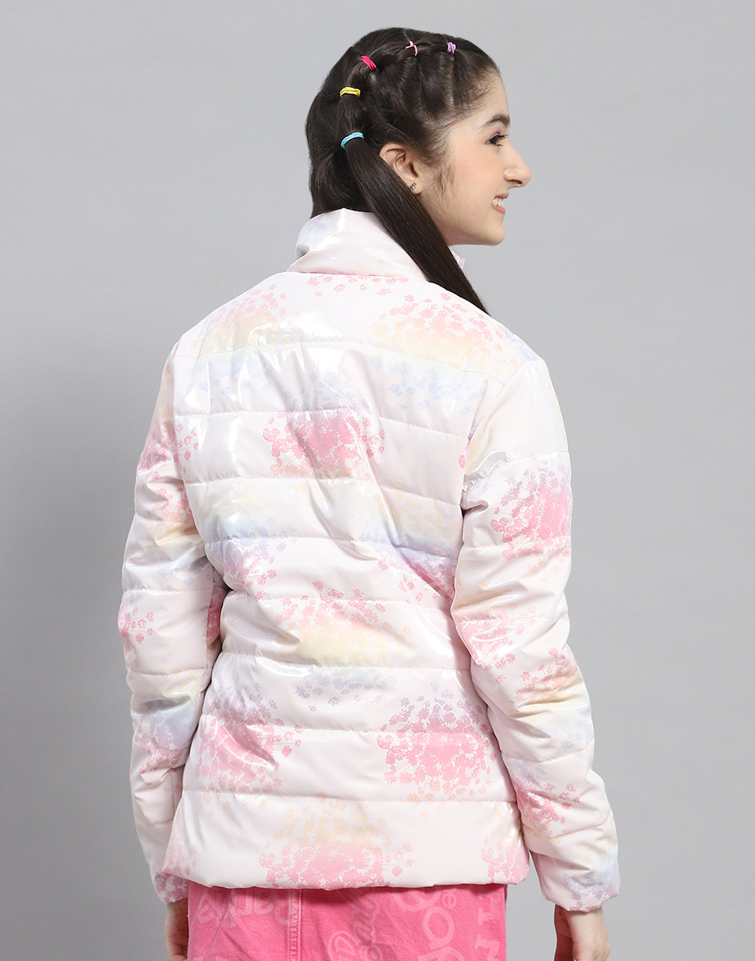 Girls Pink Printed Stand Collar Full Sleeve Girls Jacket