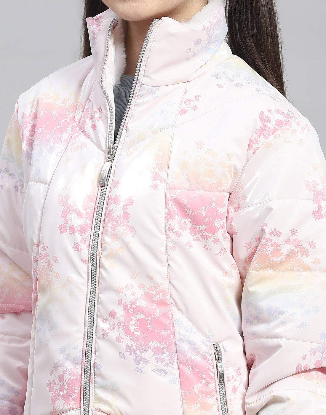 Girls Pink Printed Stand Collar Full Sleeve Girls Jacket