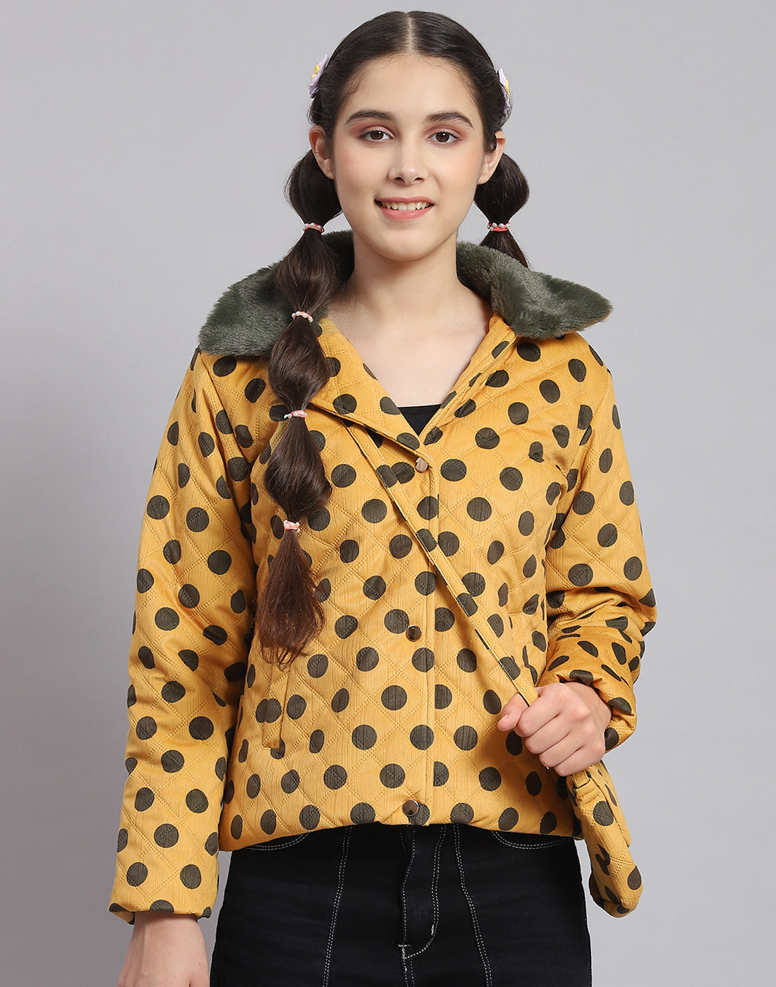 Girls Mustard Polka Dots Lapel Collar Full Sleeve Girls Jacket