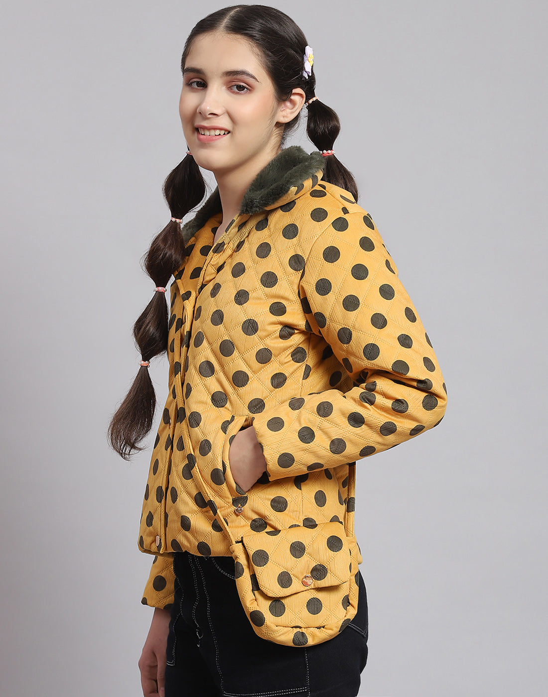 Girls Mustard Polka Dots Lapel Collar Full Sleeve Girls Jacket