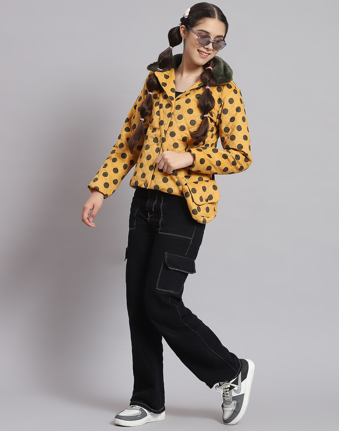 Girls Mustard Polka Dots Lapel Collar Full Sleeve Girls Jacket