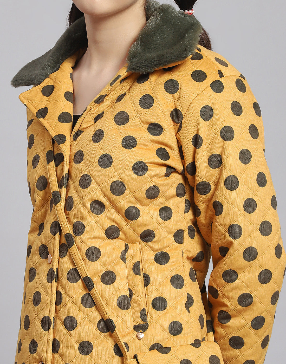 Girls Mustard Polka Dots Lapel Collar Full Sleeve Girls Jacket