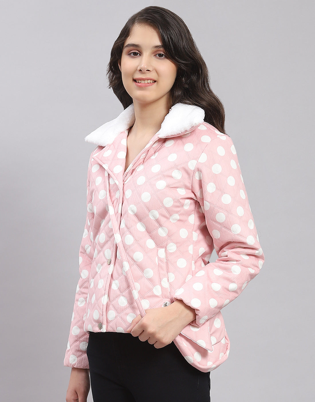 Girls Pink Polka Dots Lapel Collar Full Sleeve Girls Jacket