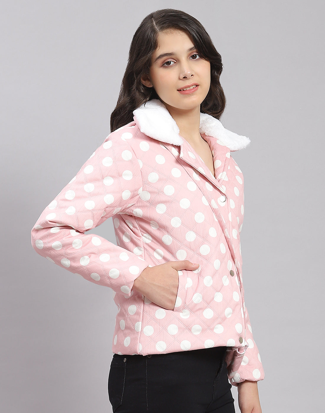 Girls Pink Polka Dots Lapel Collar Full Sleeve Girls Jacket