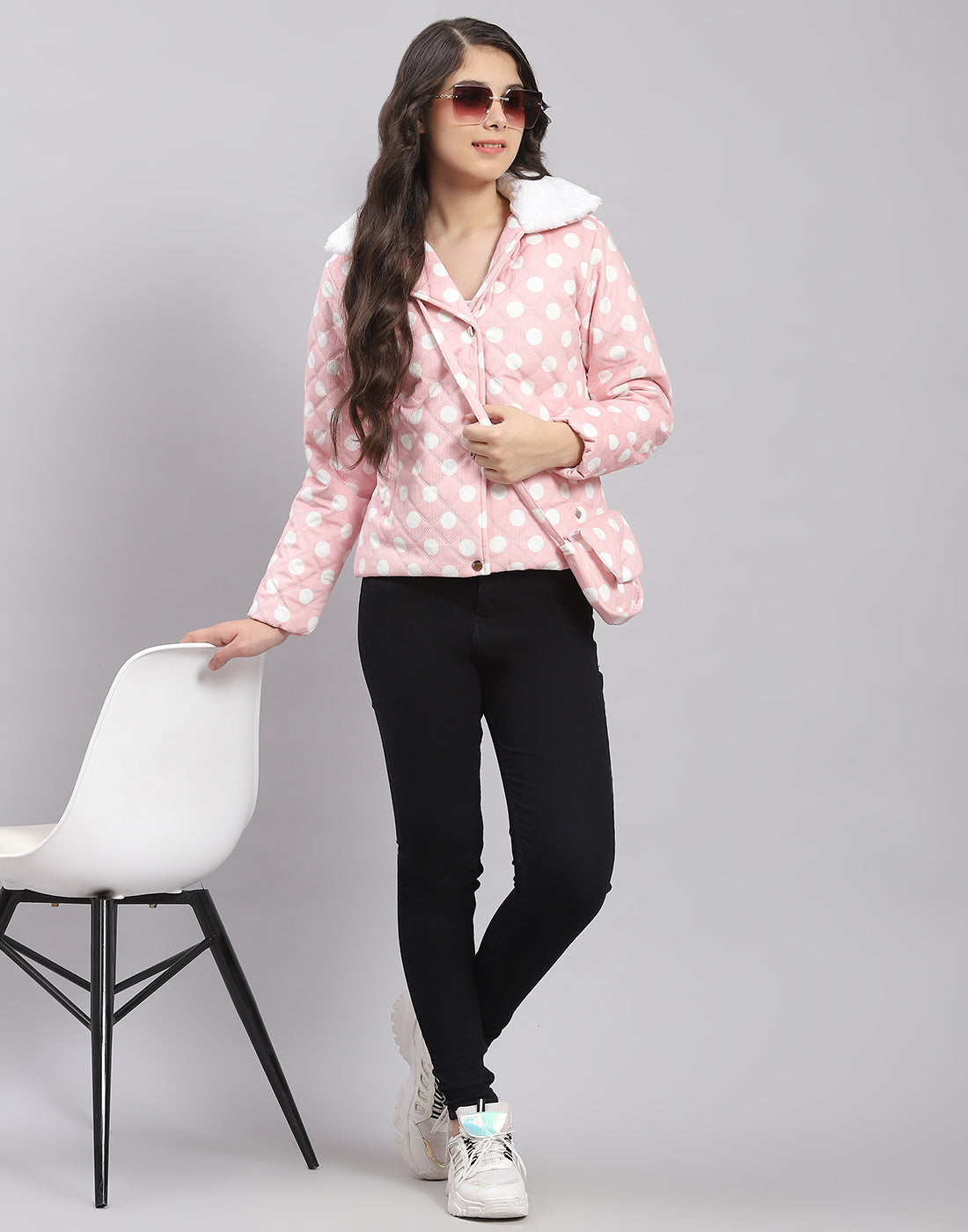 Girls Pink Polka Dots Lapel Collar Full Sleeve Girls Jacket