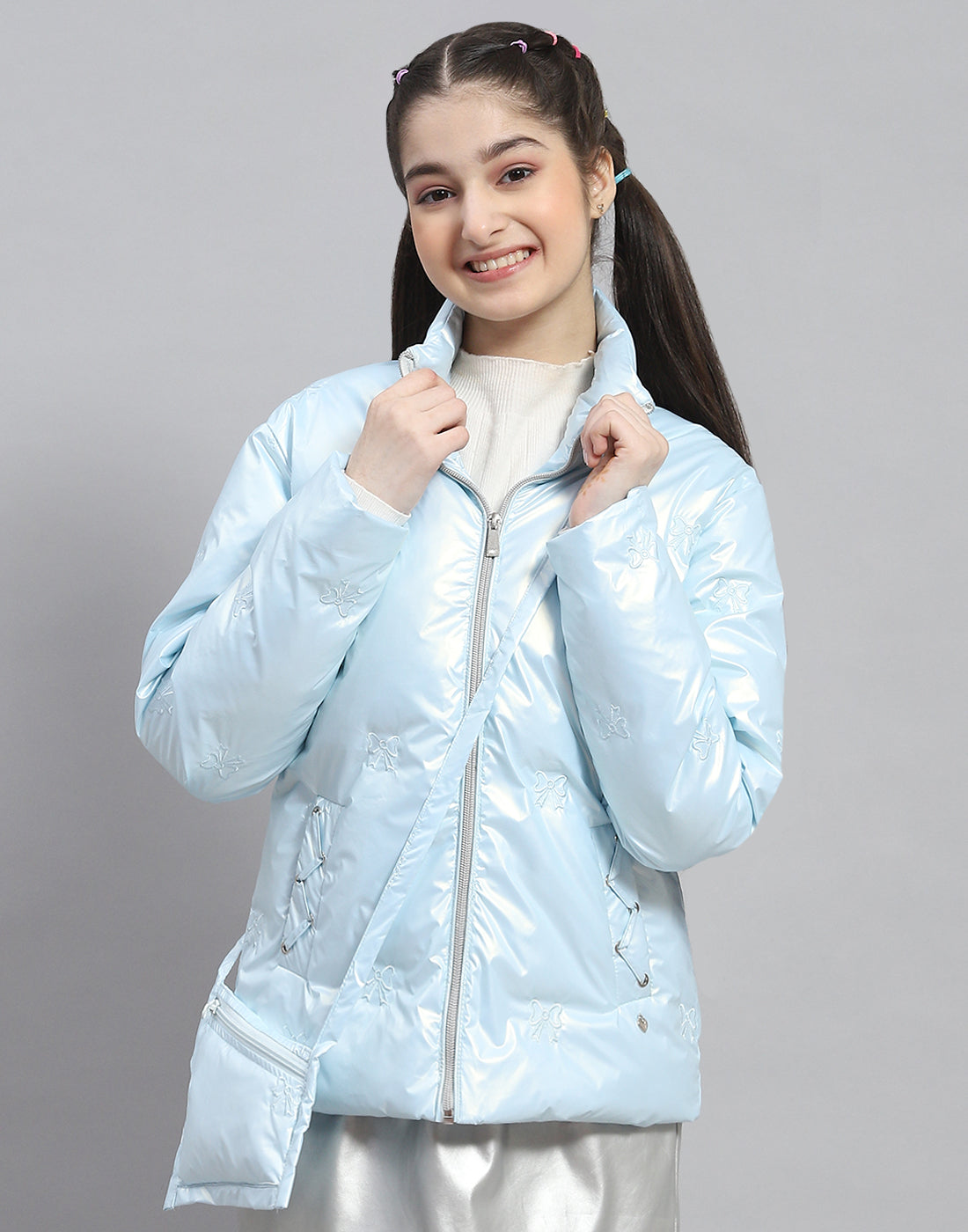Girls Blue Embroidered Stand Collar Full Sleeve Girls Jacket