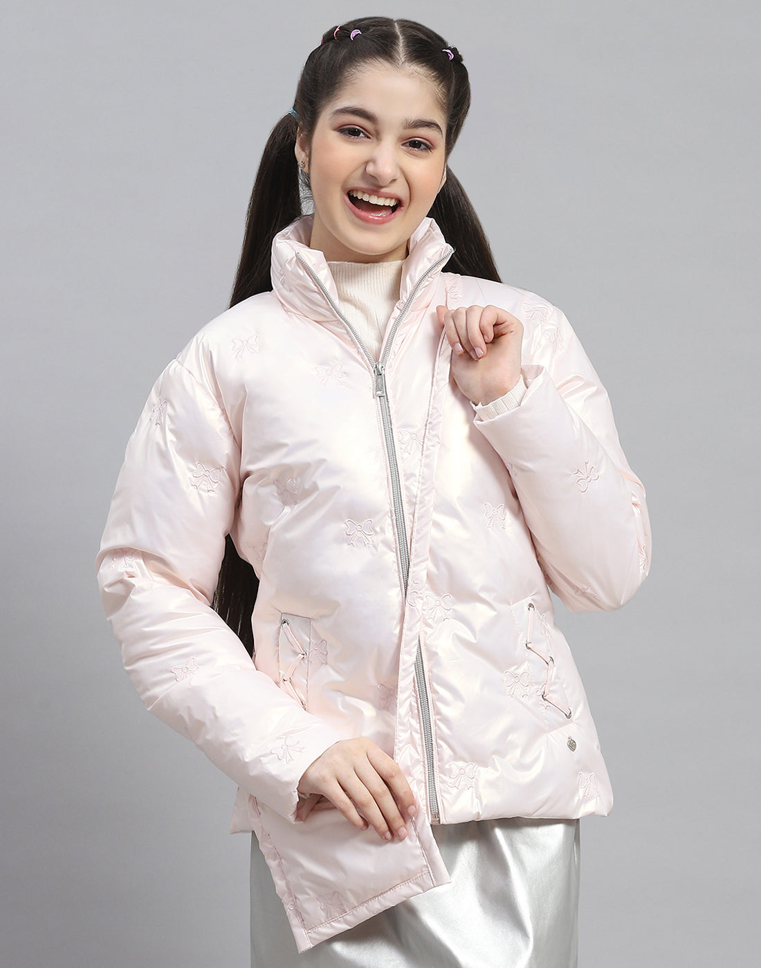 Girls Pink Embroidered Stand Collar Full Sleeve Girls Jacket
