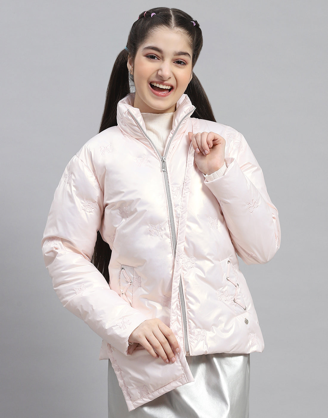 Girls Pink Embroidered Stand Collar Full Sleeve Girls Jacket