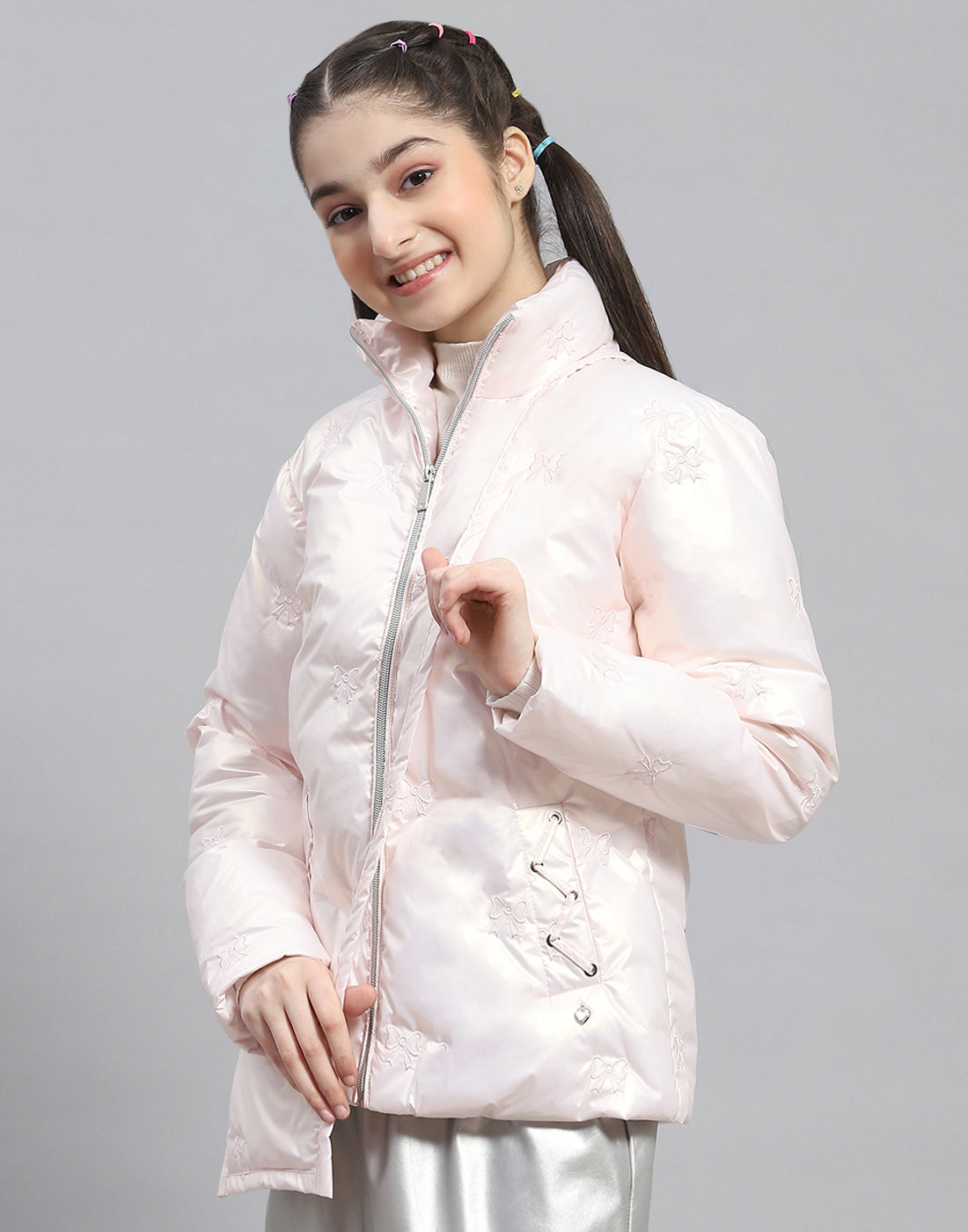 Girls Pink Embroidered Stand Collar Full Sleeve Girls Jacket