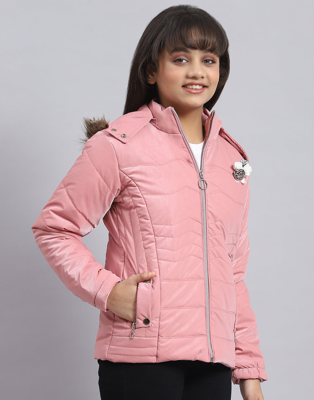 Girls Pink Printed Hooded Full Sleeve Girls Jacket