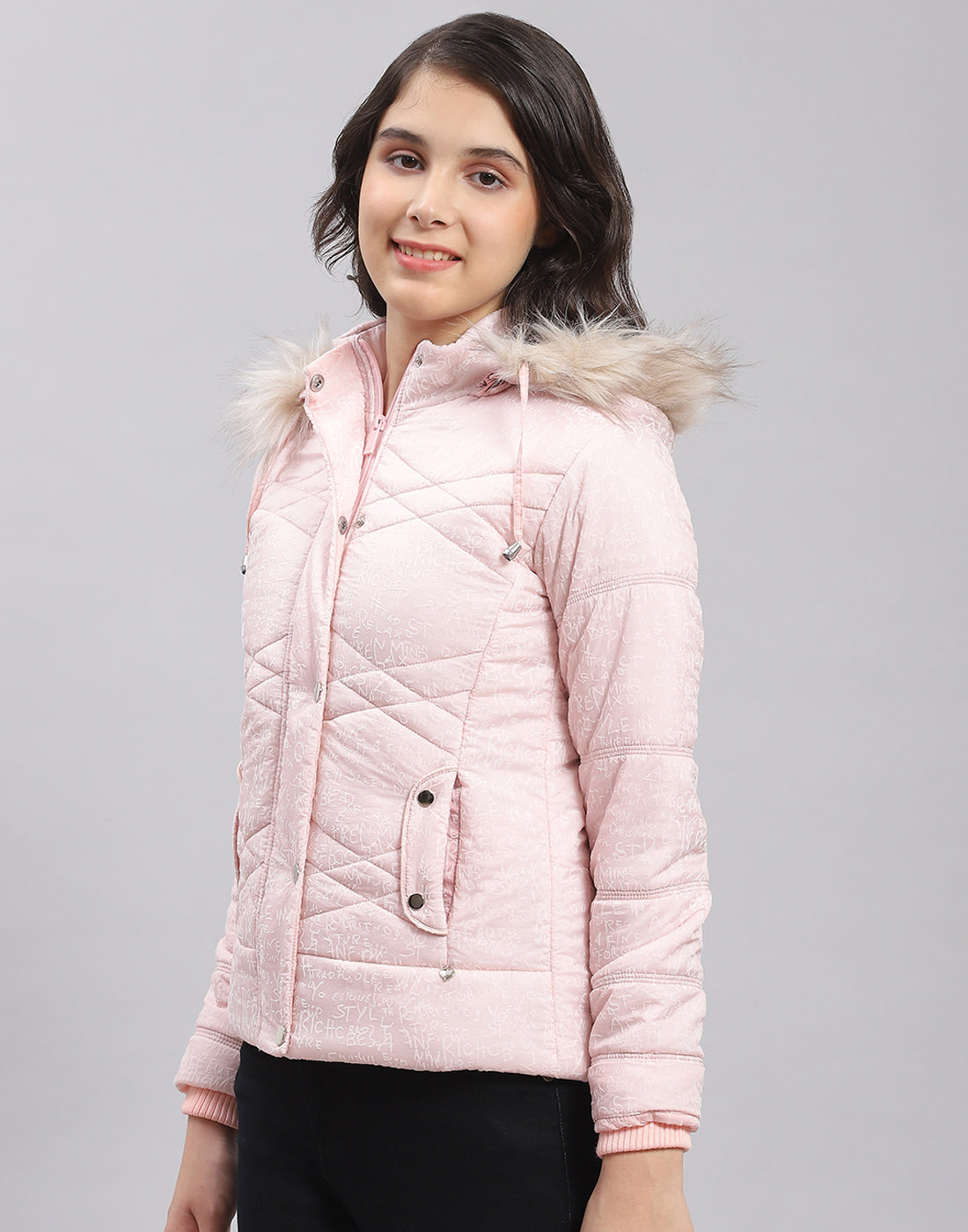 Girls Pink Printed Hooded Full Sleeve Girls Jacket