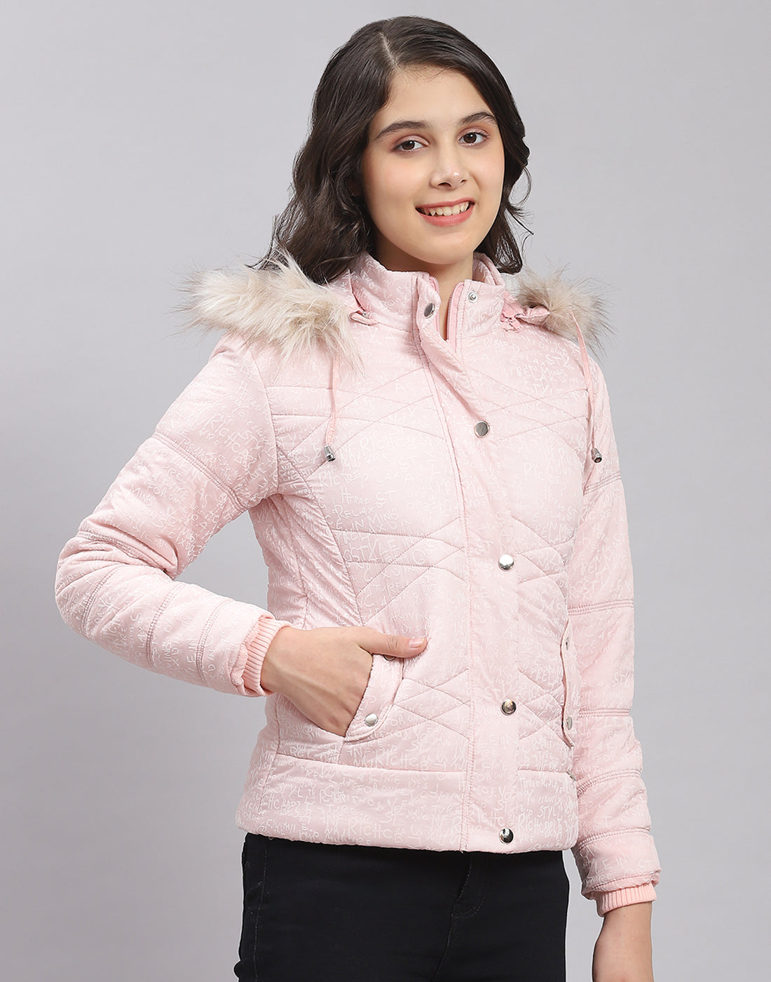 Girls Pink Printed Hooded Full Sleeve Girls Jacket