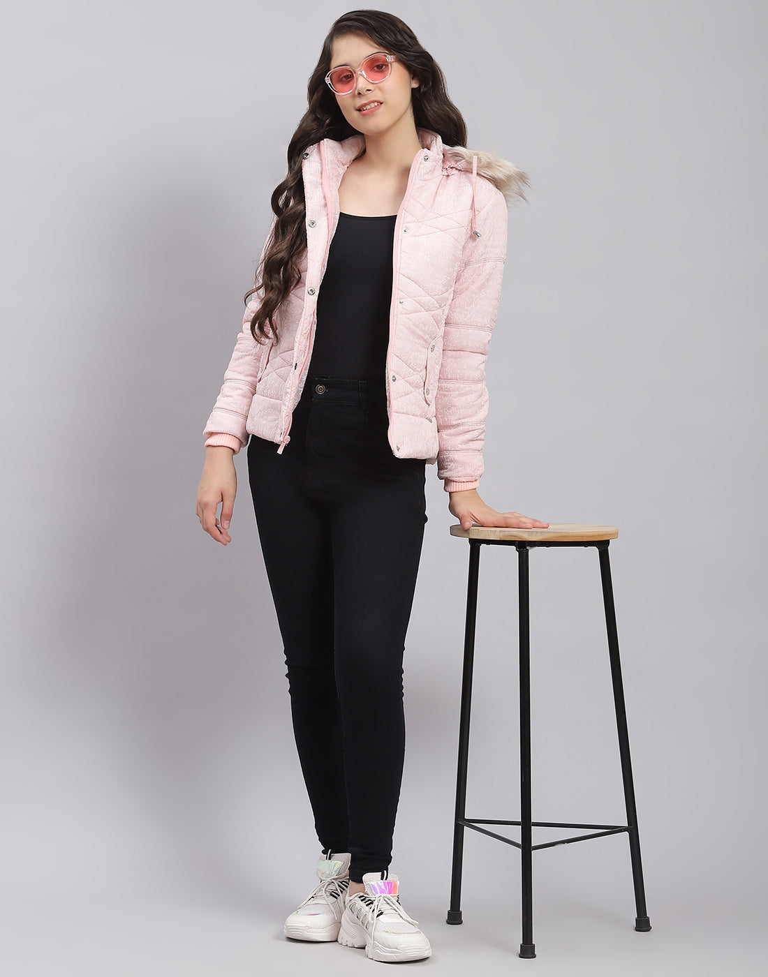 Girls Pink Printed Hooded Full Sleeve Girls Jacket