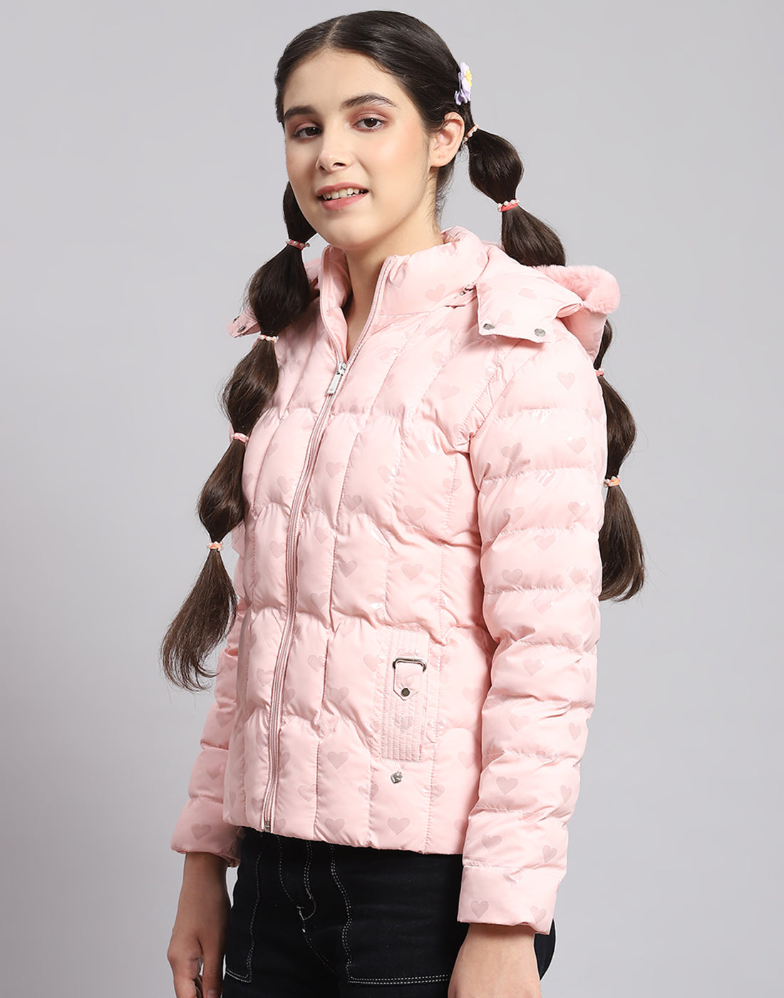 Girls Pink Printed Hooded Full Sleeve Girls Jacket