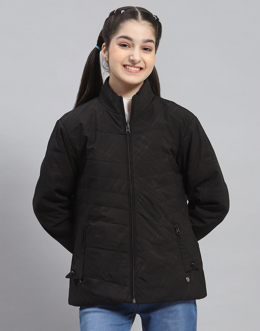 Girls Black Solid Stand Collar Full Sleeve Reversible Jacket
