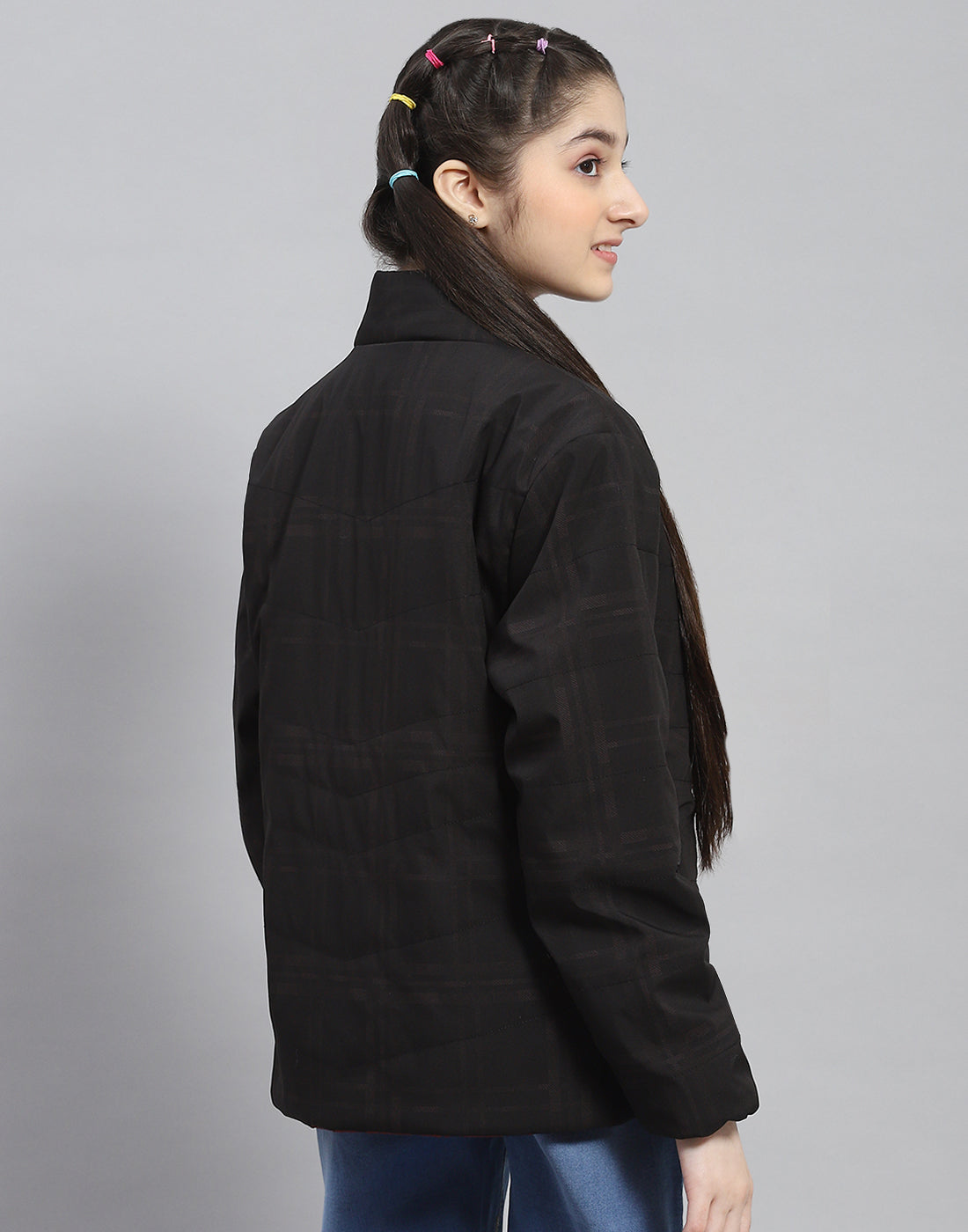 Girls Black Solid Stand Collar Full Sleeve Reversible Jacket