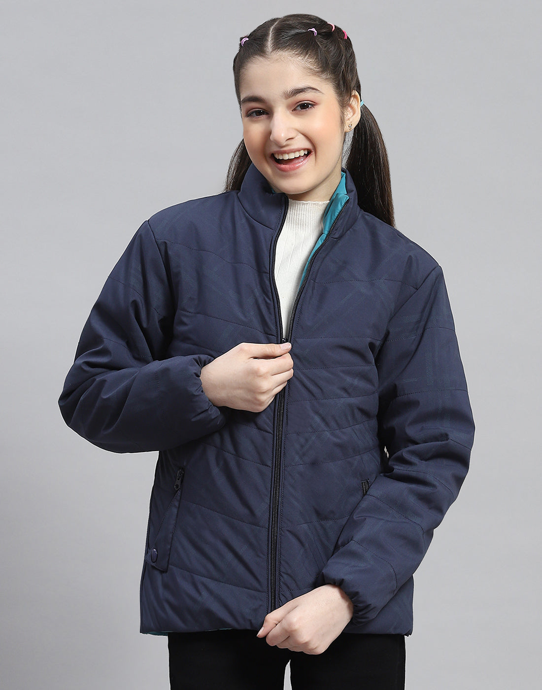 Girls Navy Blue Solid Stand Collar Full Sleeve Reversible Jacket
