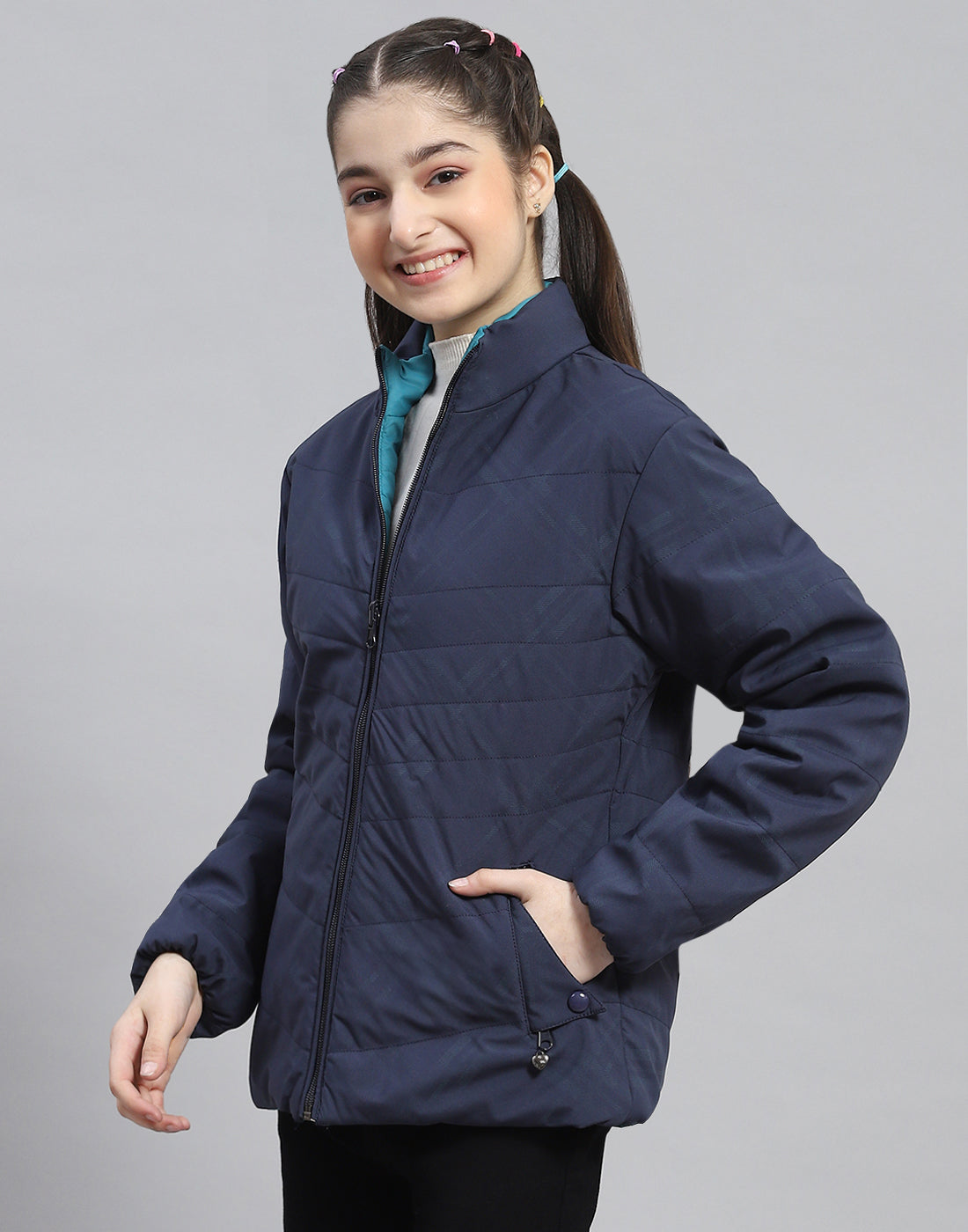 Girls Navy Blue Solid Stand Collar Full Sleeve Reversible Jacket