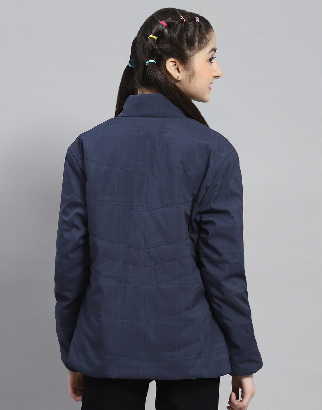 Girls Navy Blue Solid Stand Collar Full Sleeve Reversible Jacket