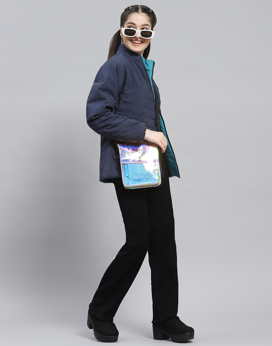 Girls Navy Blue Solid Stand Collar Full Sleeve Reversible Jacket