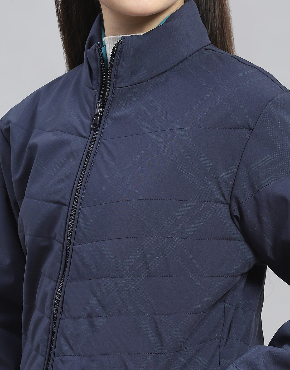 Girls Navy Blue Solid Stand Collar Full Sleeve Reversible Jacket