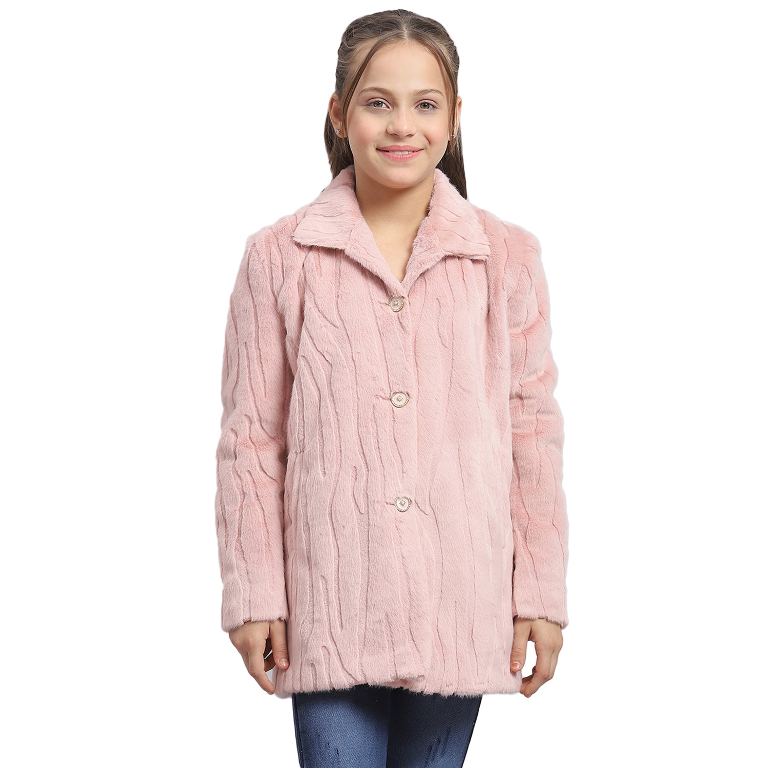 Girls Pink Self Design Collar Full Sleeve Coat