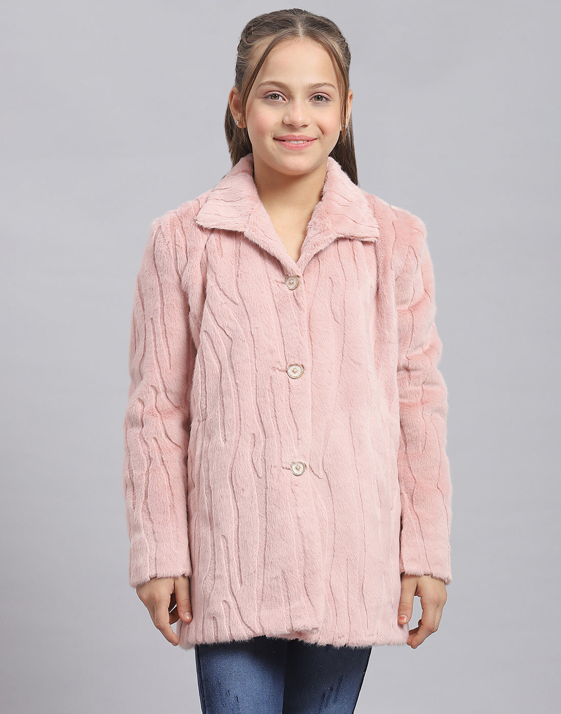 Girls Pink Self Design Collar Full Sleeve Coat