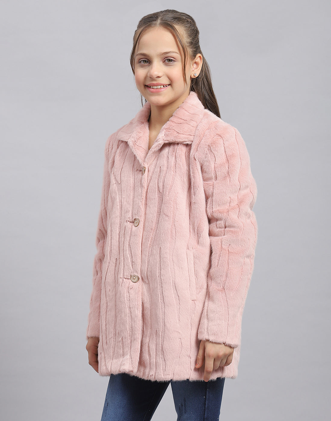 Girls Pink Self Design Collar Full Sleeve Coat