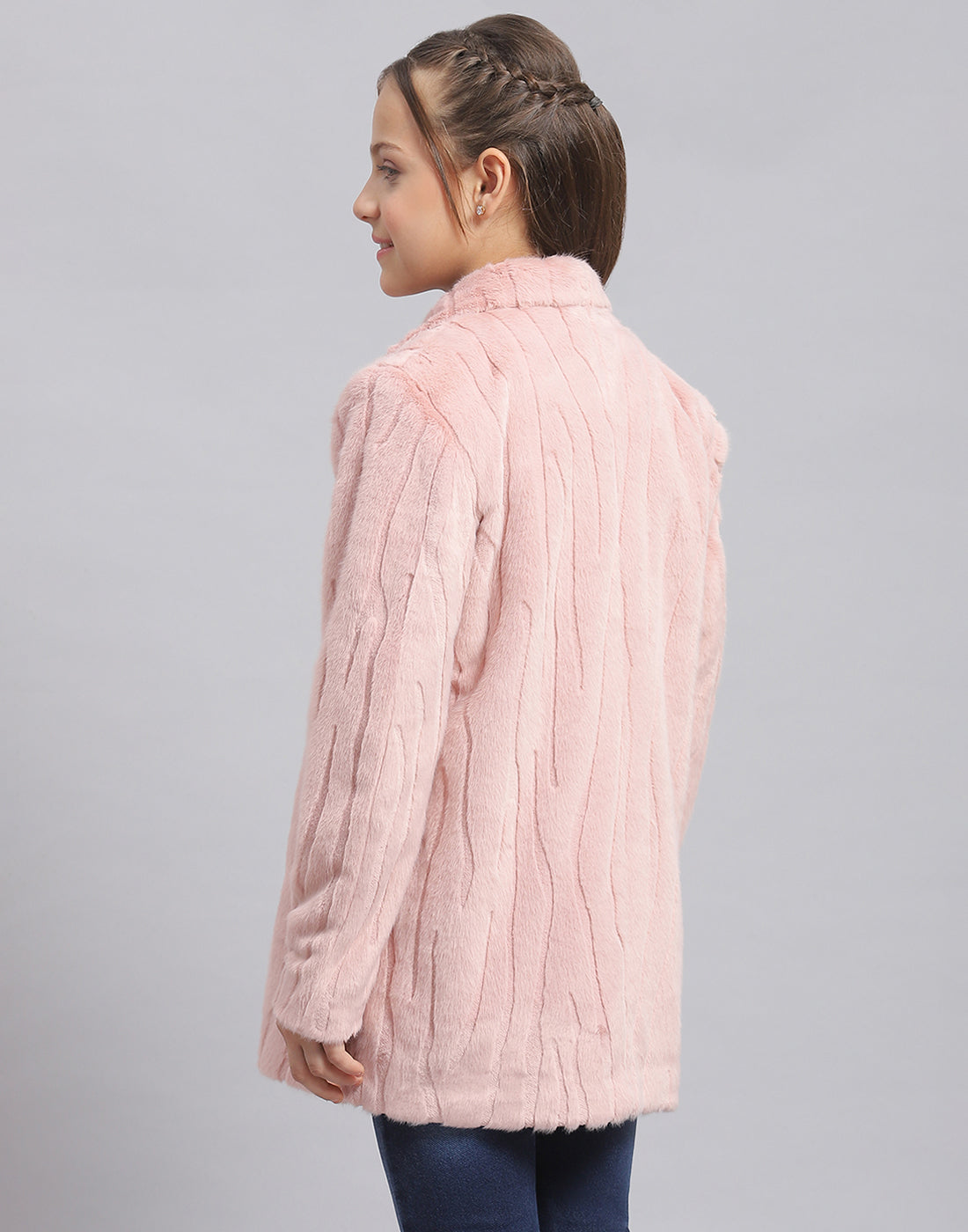 Girls Pink Self Design Collar Full Sleeve Coat
