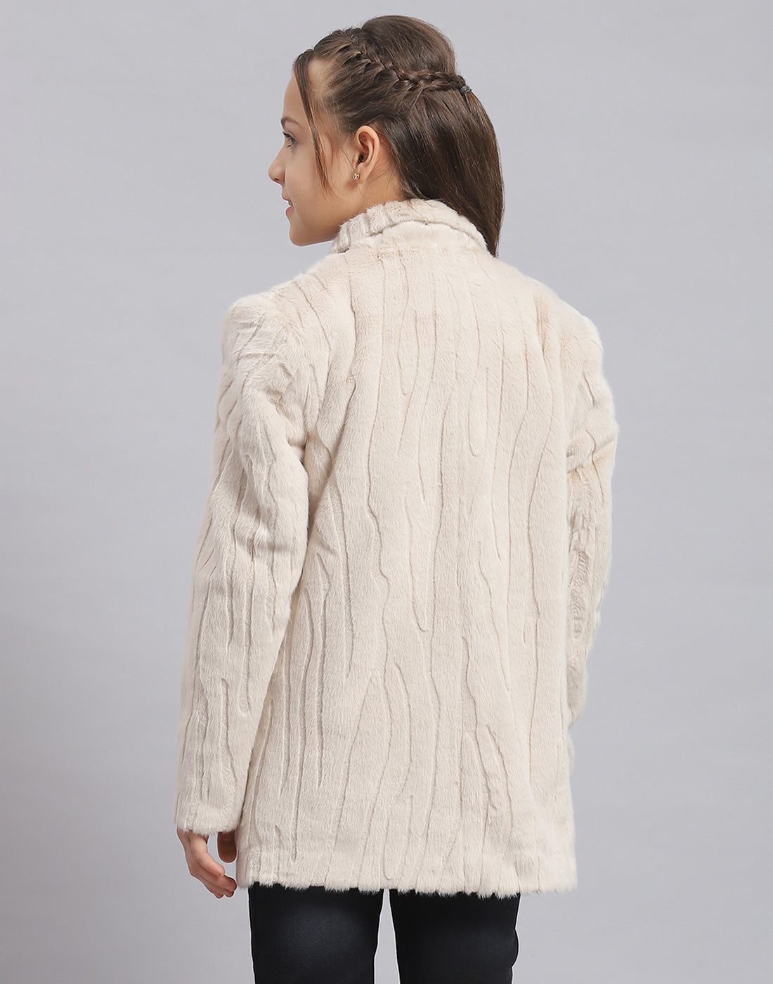 Girls Beige Self Design Collar Full Sleeve Coat