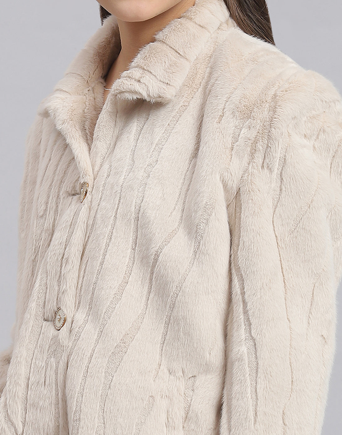 Girls Beige Self Design Collar Full Sleeve Coat