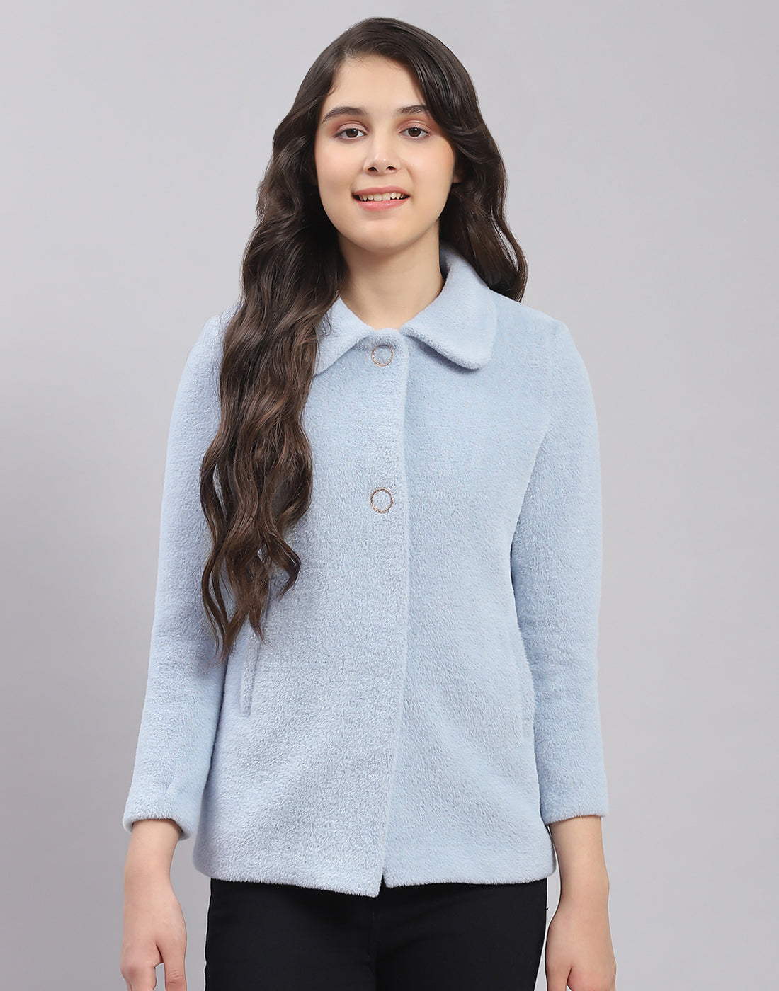 Girls Blue Solid Collar Full Sleeve Coat