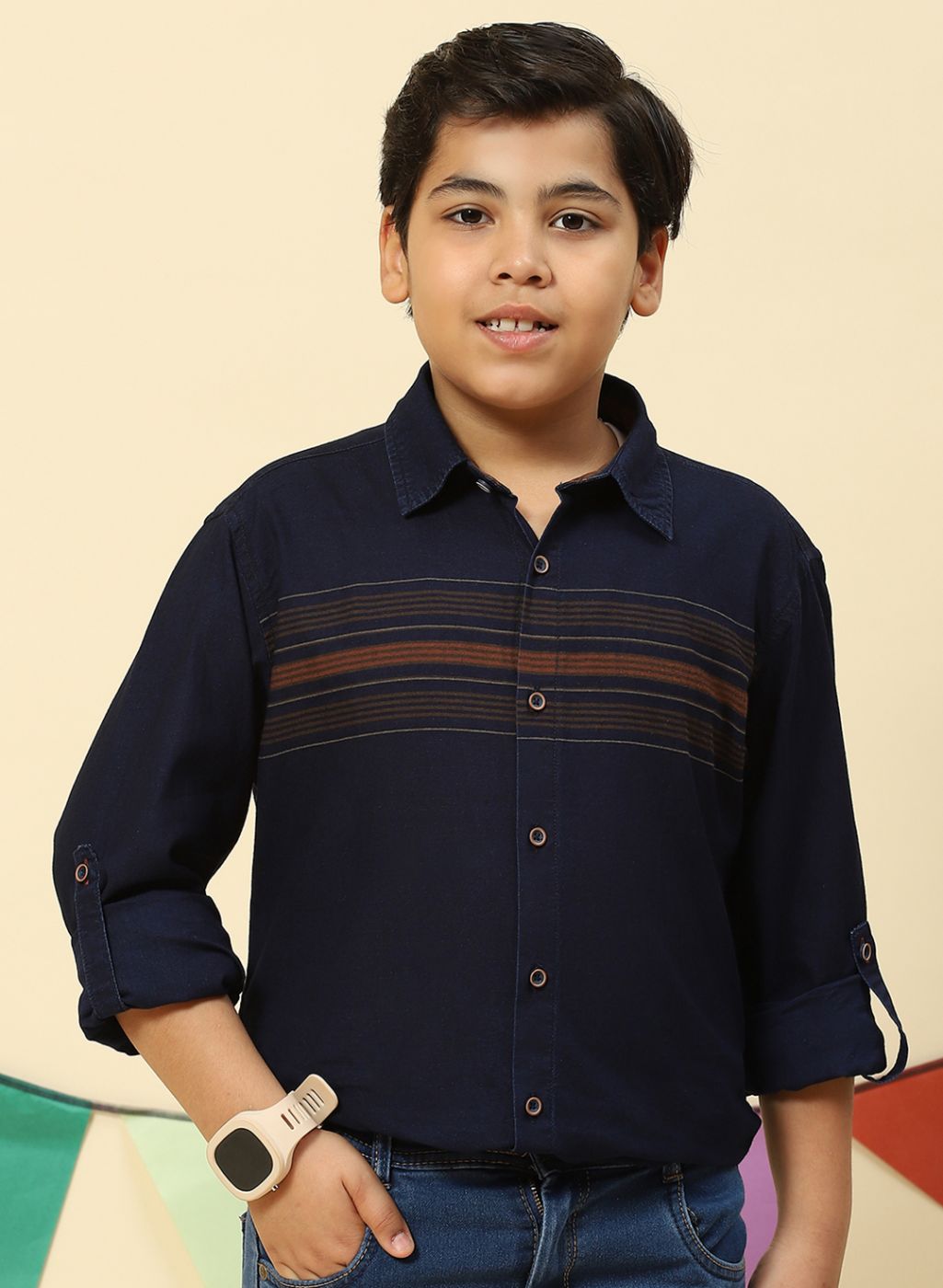 Boys Orange & NAvy Blue Stripe Shirt