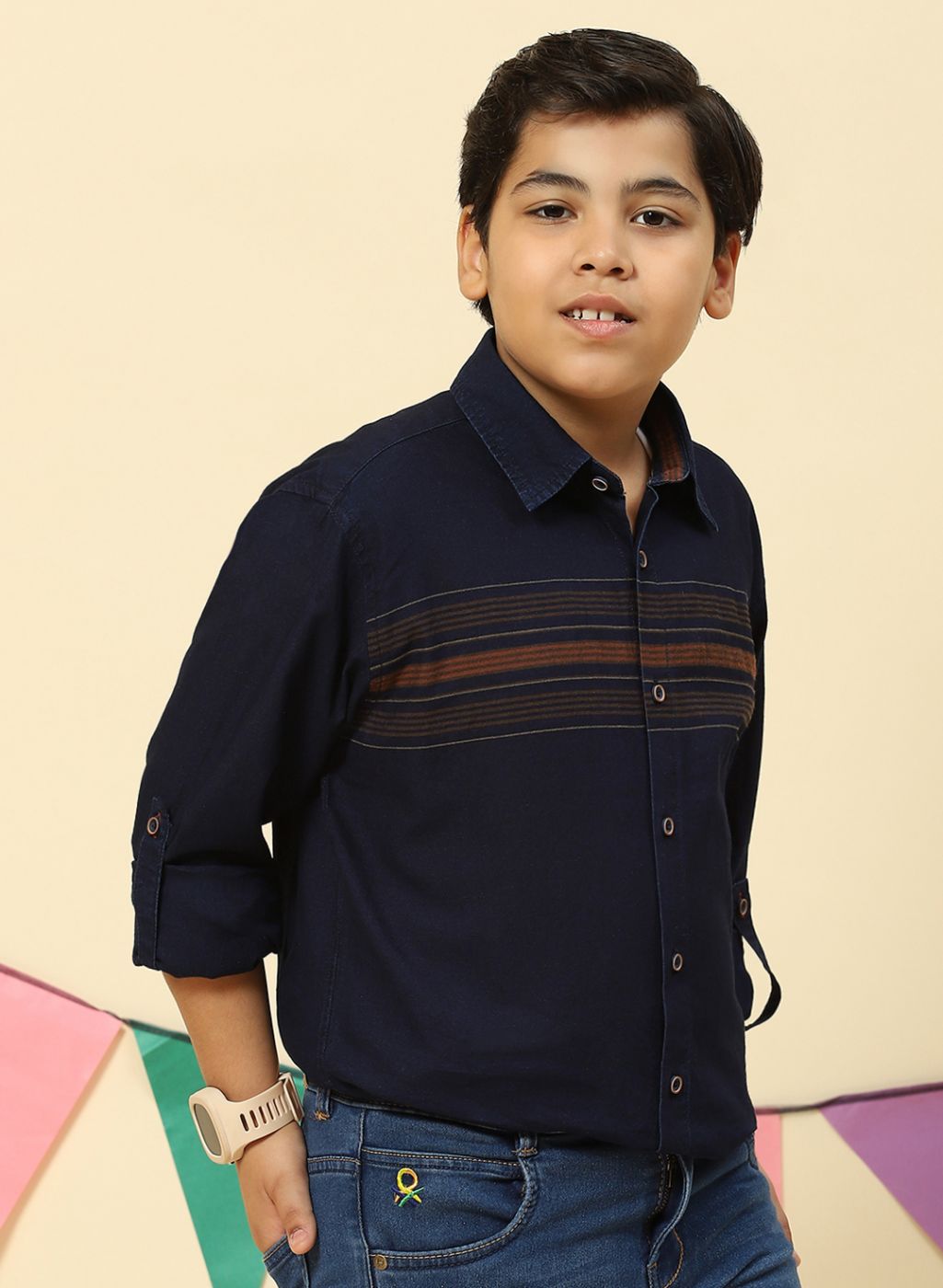 Boys Orange & NAvy Blue Stripe Shirt