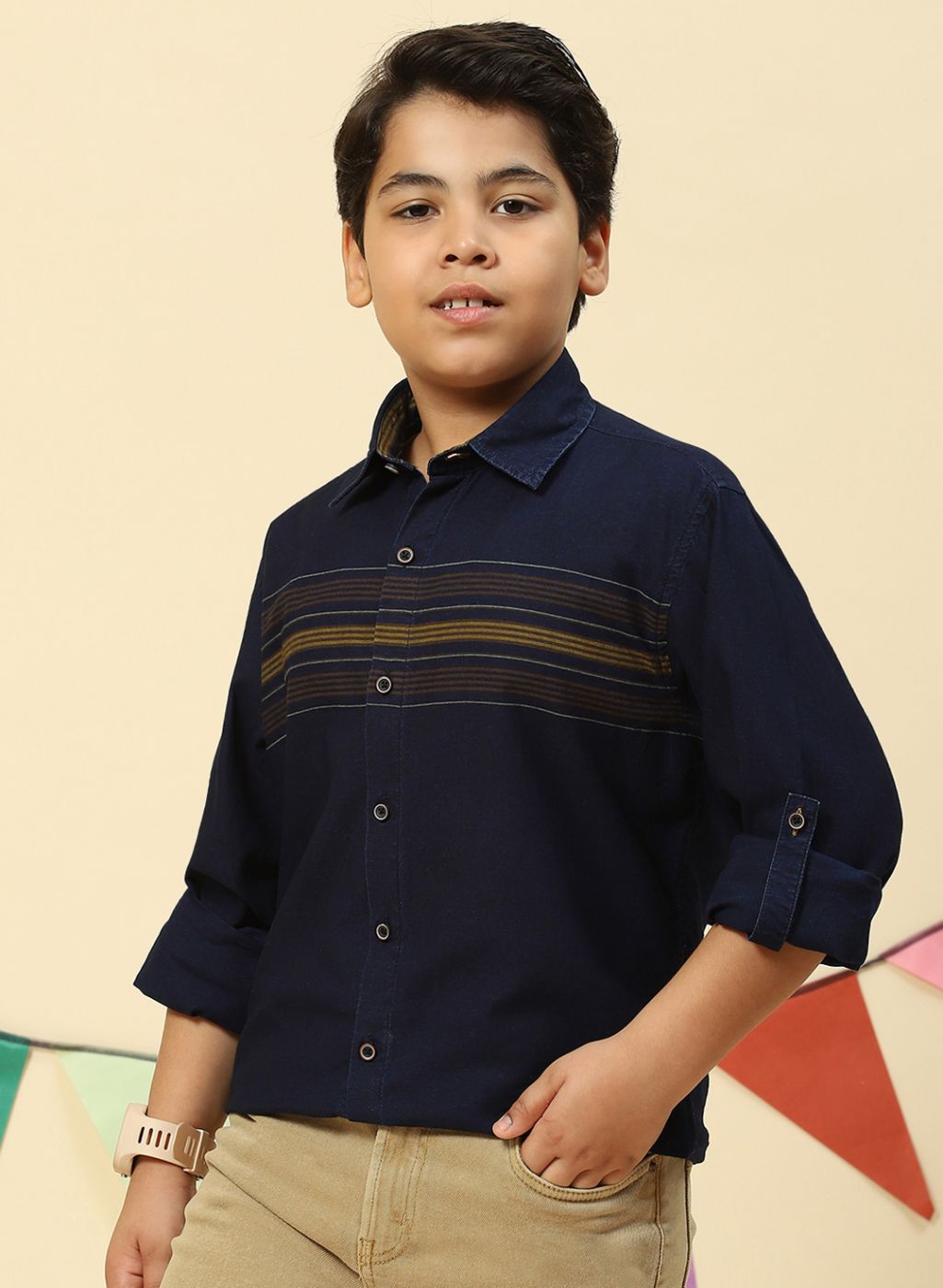 Boys Mustard & NAvy Blue Stripe Shirt