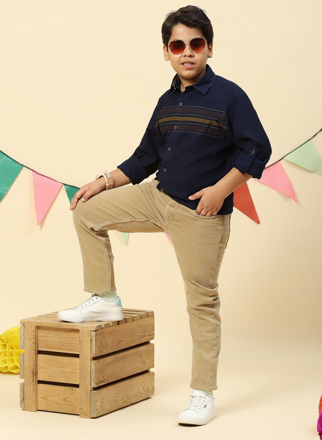 Boys Mustard & NAvy Blue Stripe Shirt