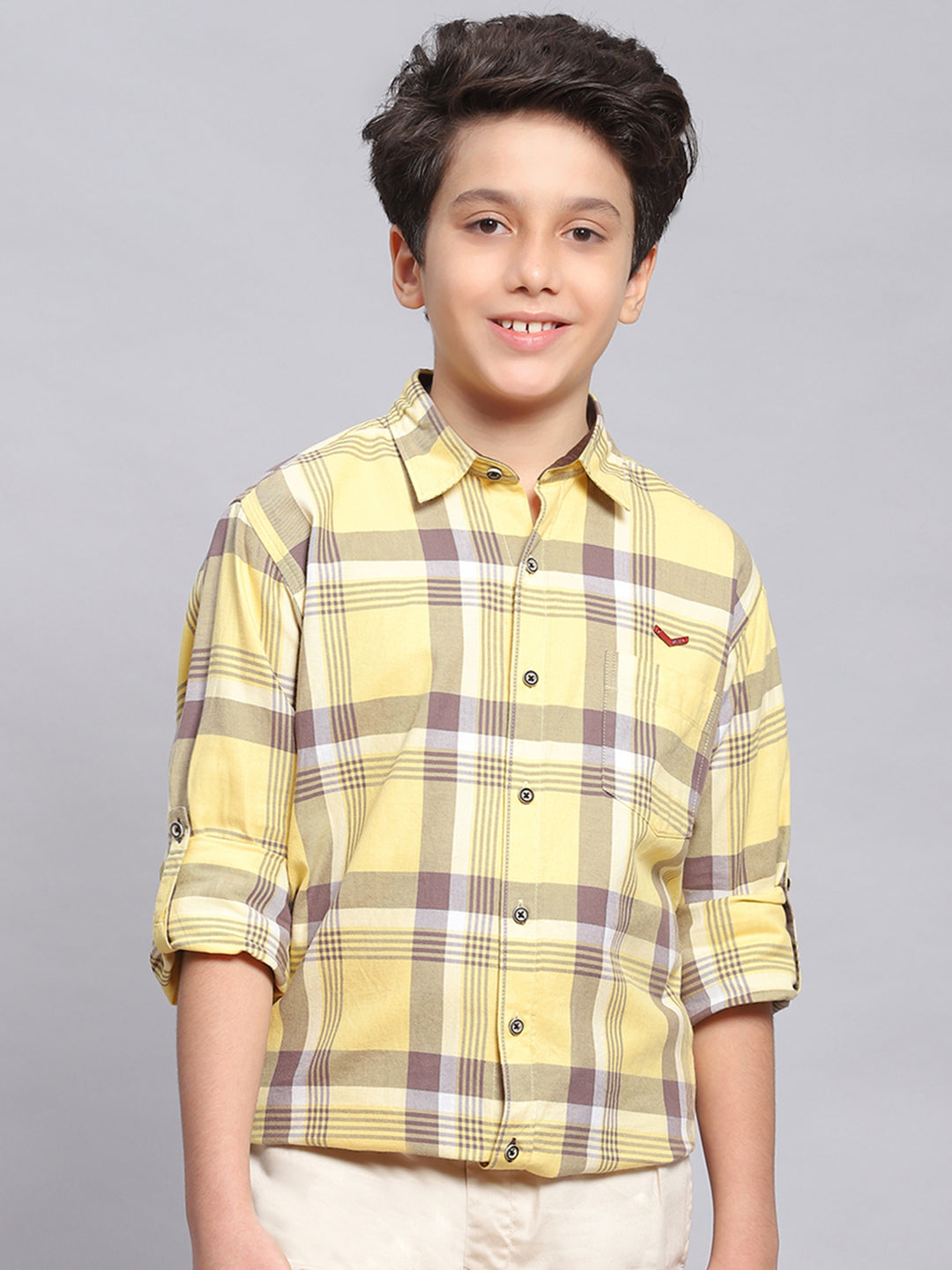 Boys Yellow Check Spread Collar Full Sleeve Shirts