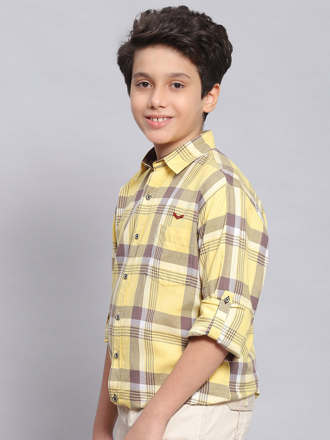 Boys Yellow Check Spread Collar Full Sleeve Shirts