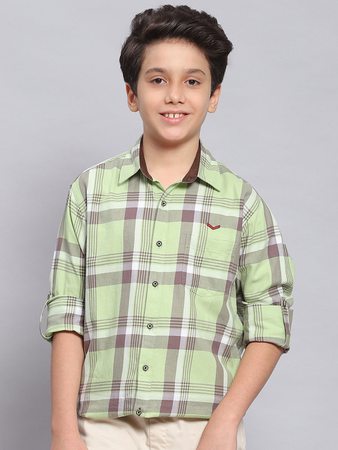 Boys Green Check Spread Collar Full Sleeve Shirts