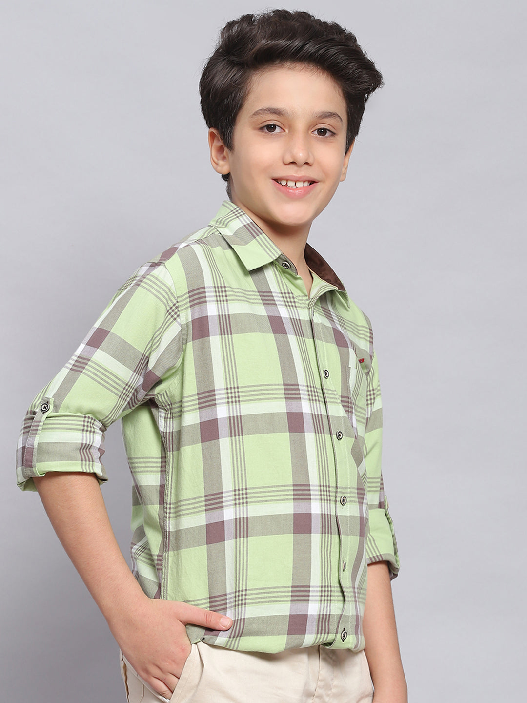 Boys Green Check Spread Collar Full Sleeve Shirts