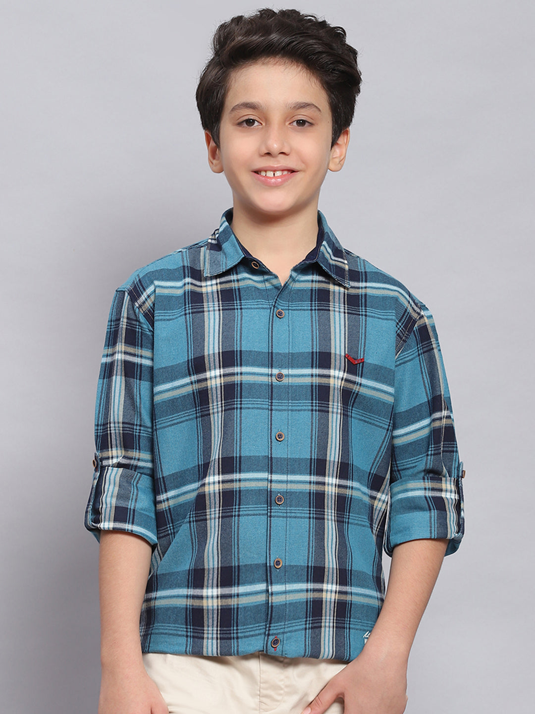 Boys Blue Check Spread Collar Full Sleeve Shirts