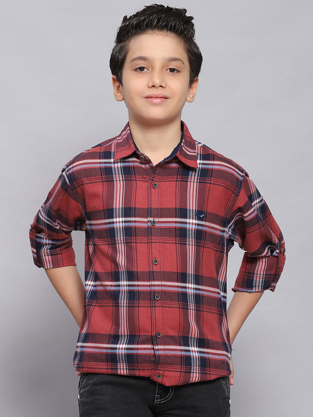 Boys Red Check Spread Collar Full Sleeve Shirts