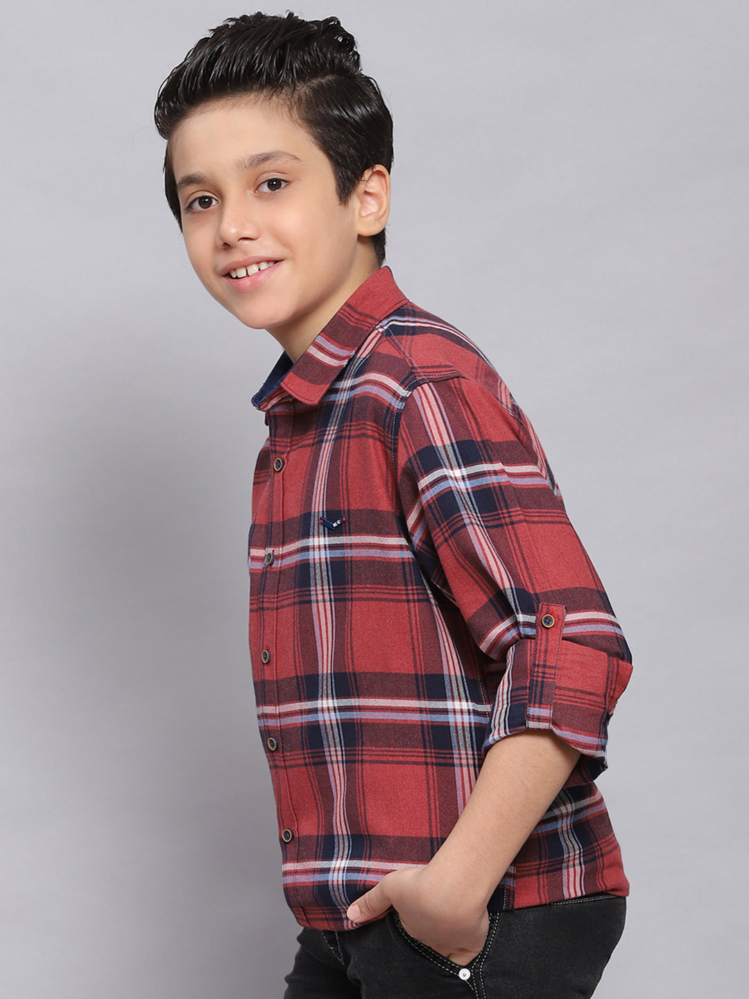 Boys Red Check Spread Collar Full Sleeve Shirts