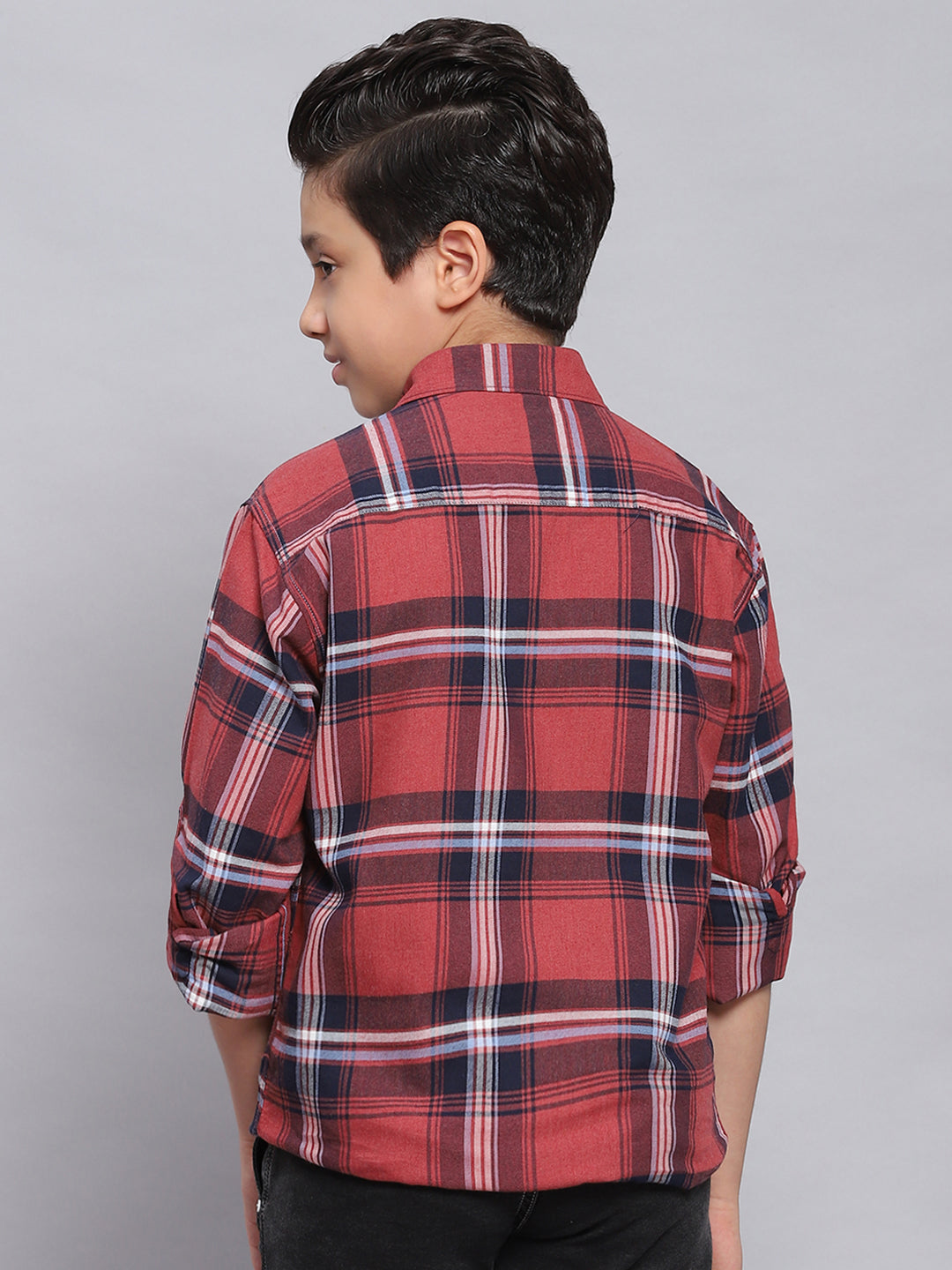 Boys Red Check Spread Collar Full Sleeve Shirts
