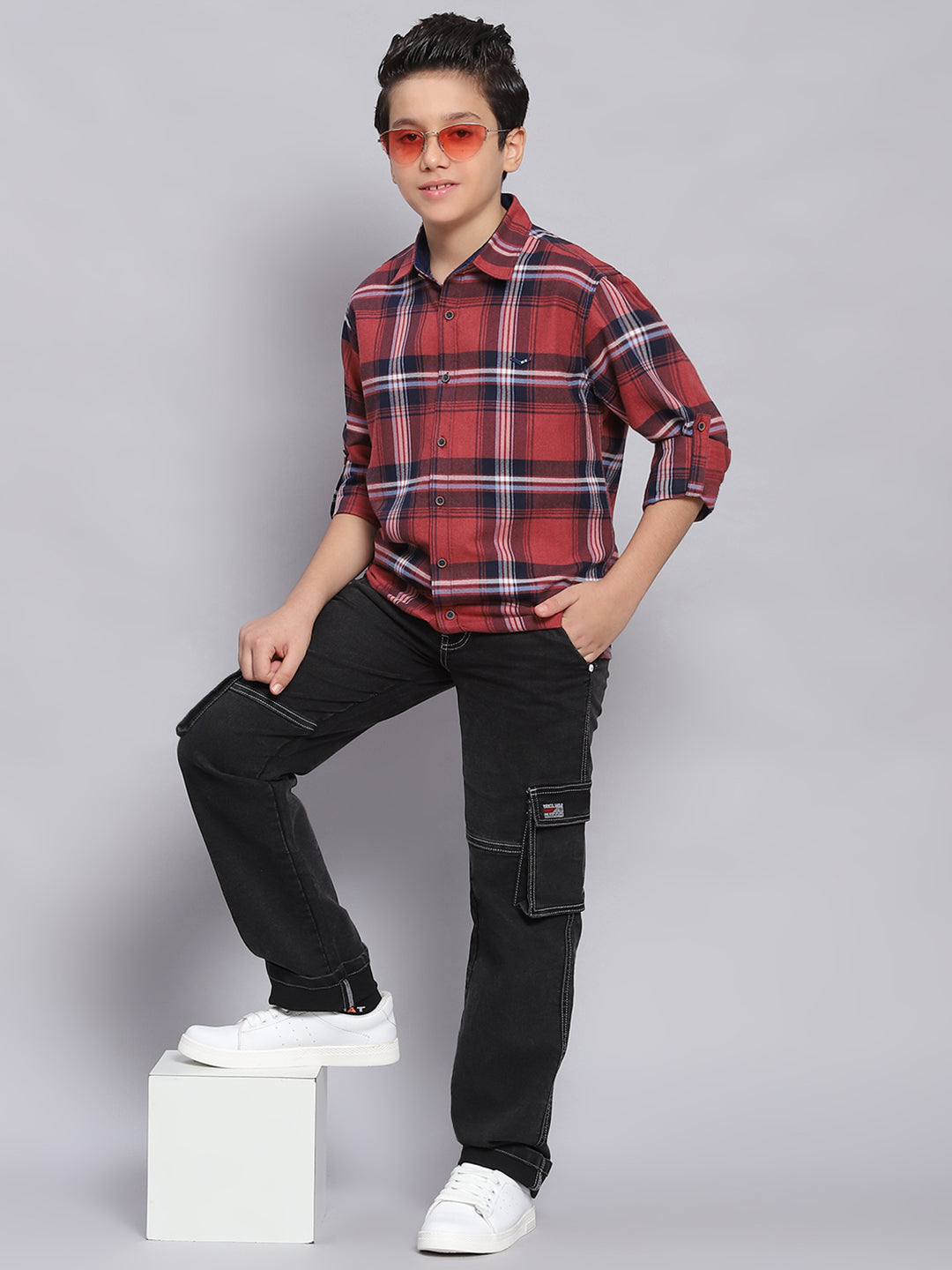 Boys Red Check Spread Collar Full Sleeve Shirts