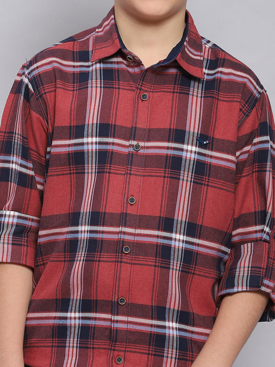 Boys Red Check Spread Collar Full Sleeve Shirts