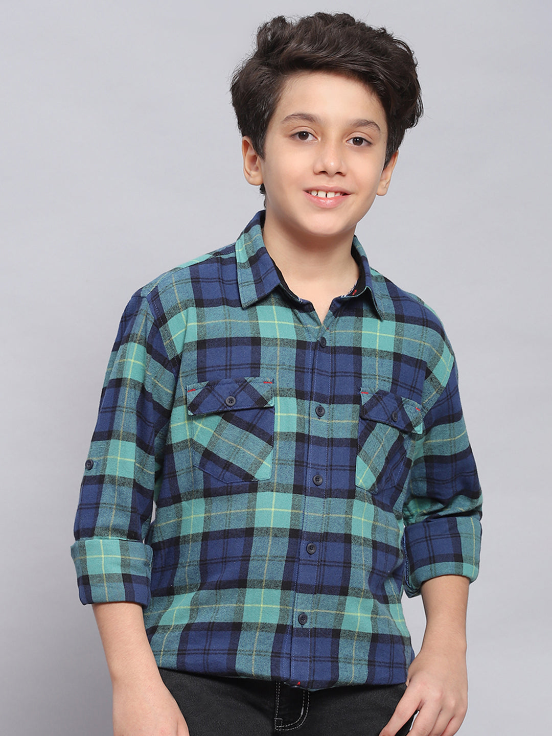 Boys Blue Check Spread Collar Full Sleeve Shirts
